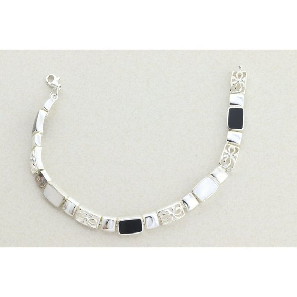 Sterling Silver Onyx and Marcasite Bracelet 7 3/4 inch - Picture 5 of 10